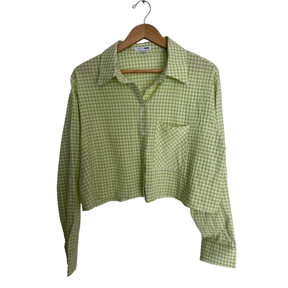 Fashion Nova Green White Gingham Cropped Button Down Shirt Womens M Cottagecore